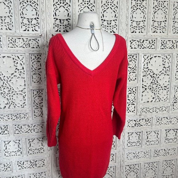 Vintage Plain Jane Red Ribbed V Neck Long Sleeve Sweater Dress Sz Medium - Picture 6 of 7